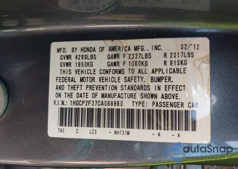 2012 Honda Accord 2.4 Lx z USA, uszkodzony, nr VIN 1HGCP2F37CA088860